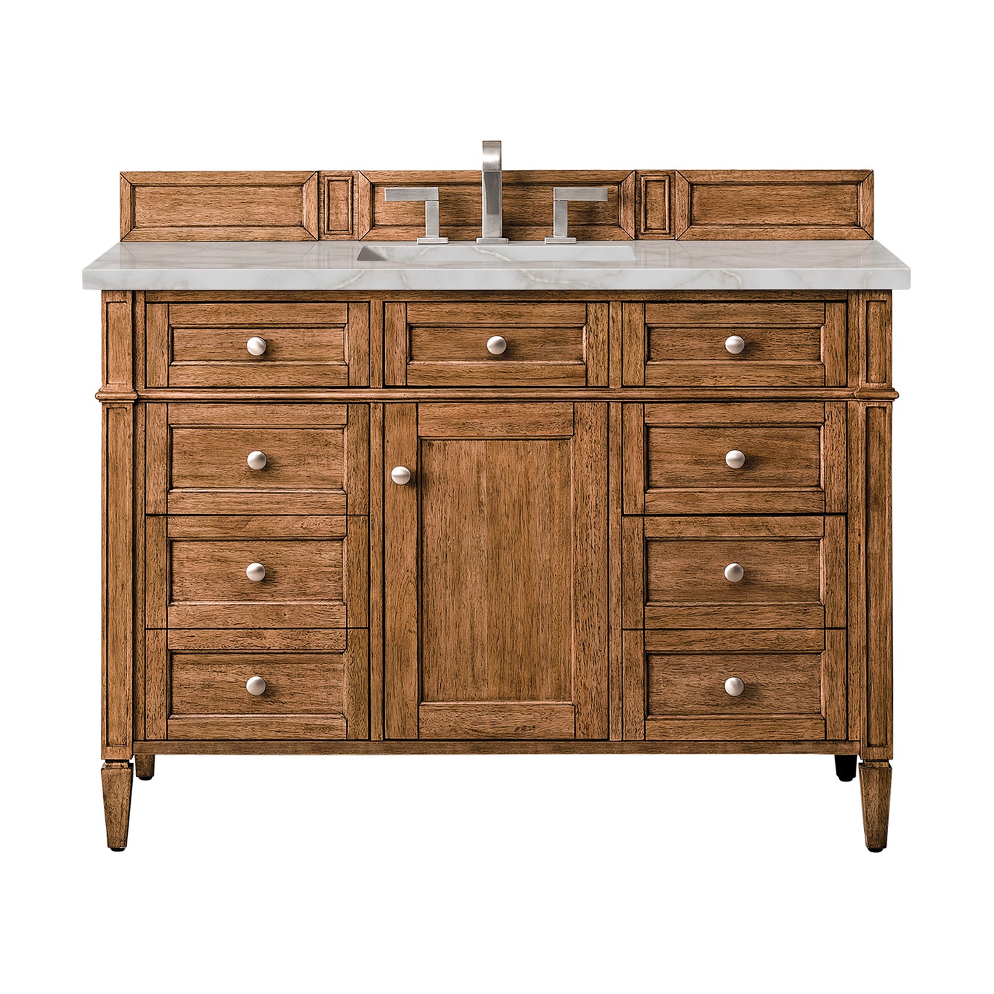 Renovate for Less Atlanta Brittany 48" Single Vanity, Saddle Brown w/ 3 CM Victorian Silver Silestone Top w/FreePower Wireless Charger