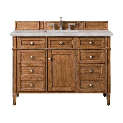Renovate for Less Atlanta Brittany 48" Single Vanity, Saddle Brown w/ 3 CM Victorian Silver Silestone Top w/FreePower Wireless Charger