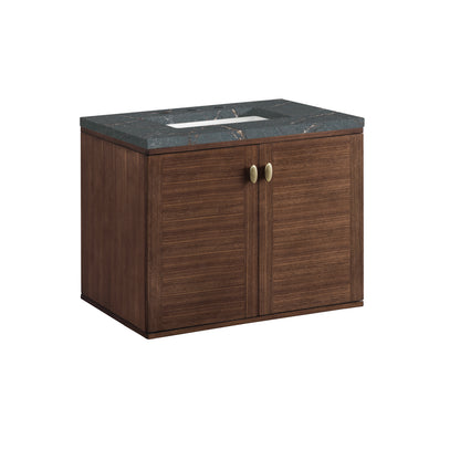 Renovate for Less Atlanta Amberly 30" Single Vanity, Mid-Century Walnut w/ 3 CM Parisien Bleu Top