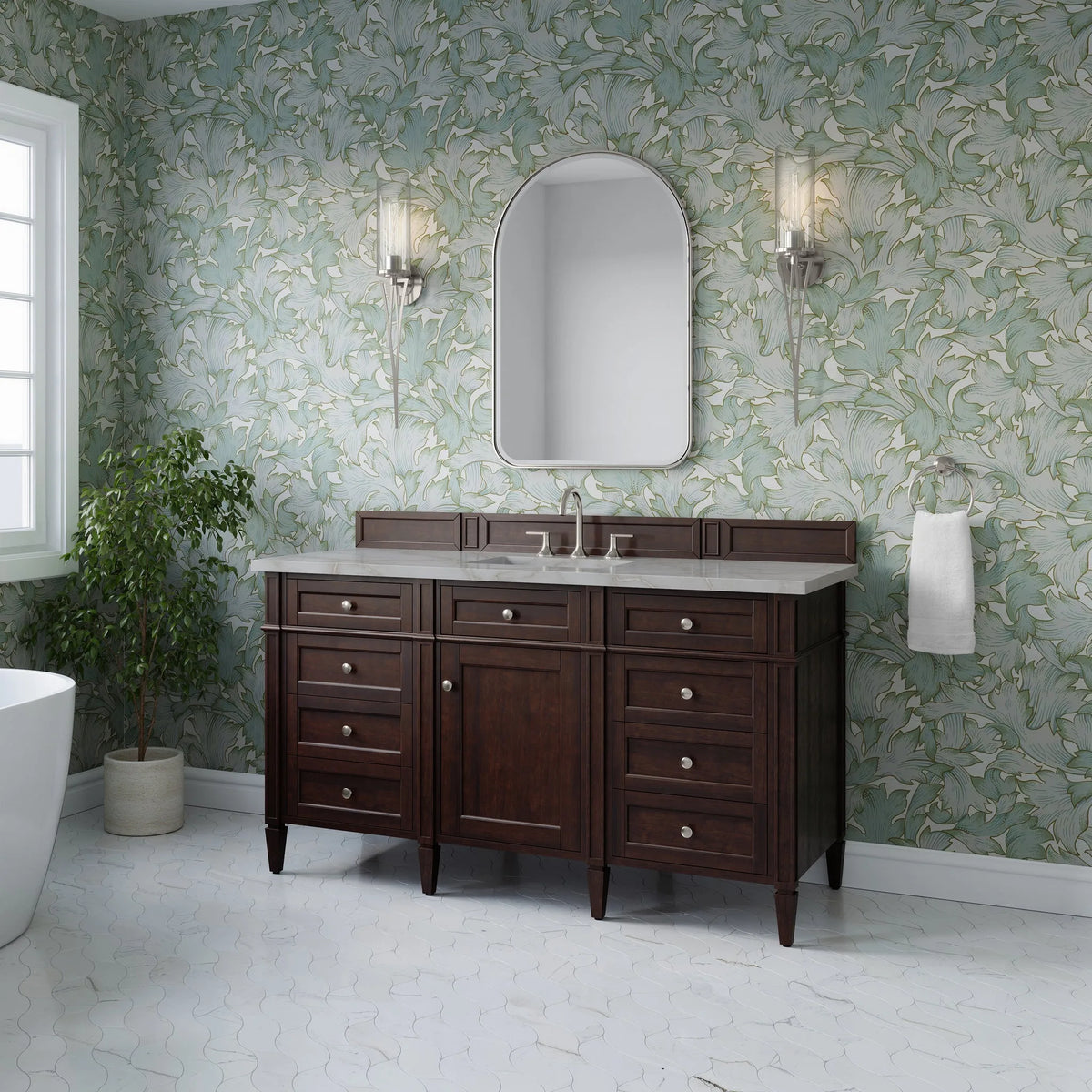 Brittany 60" Single Vanity, Burnished Mahogany w/ 3 CM Victorian Silver Silestone Top