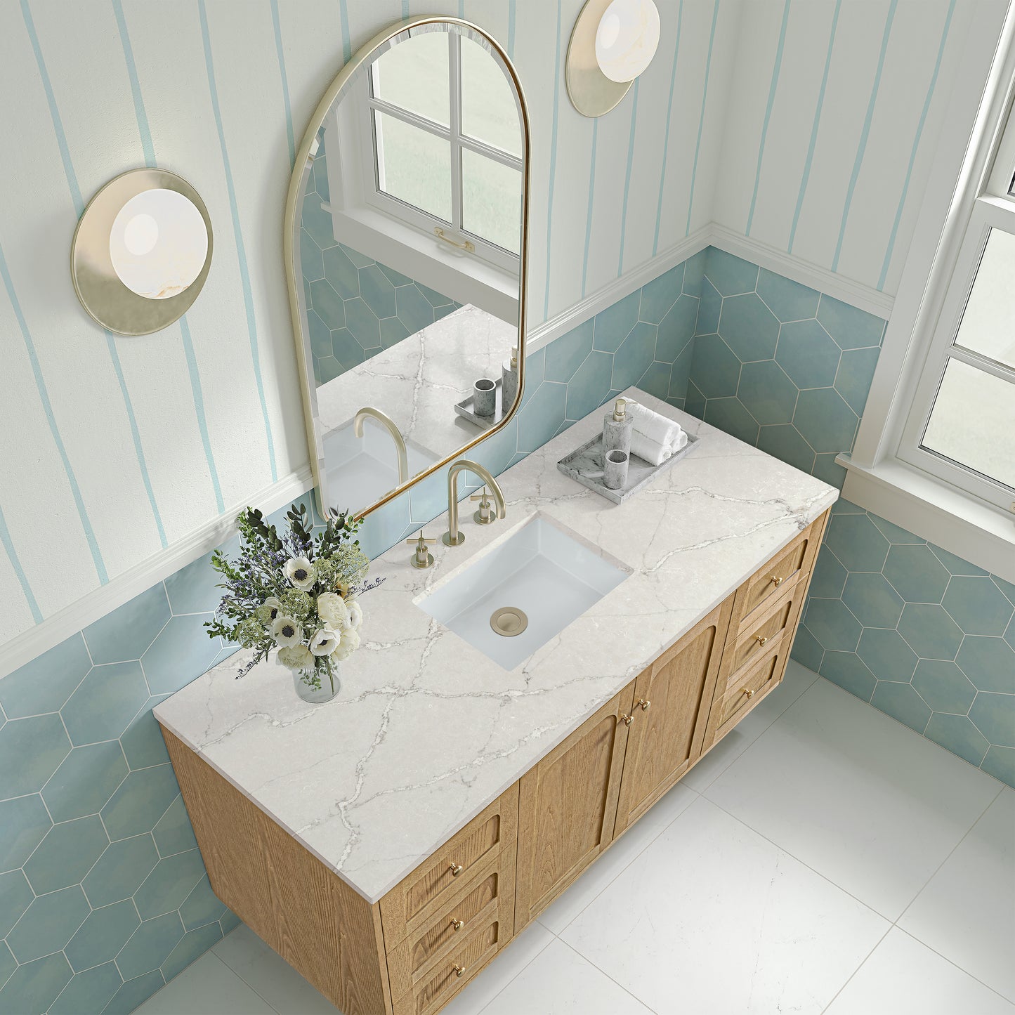 Renovate for Less Atlanta Laurent 60" Single Vanity, Light Natural Oak, w/ 3 CM Victorian Silver Quartz Top