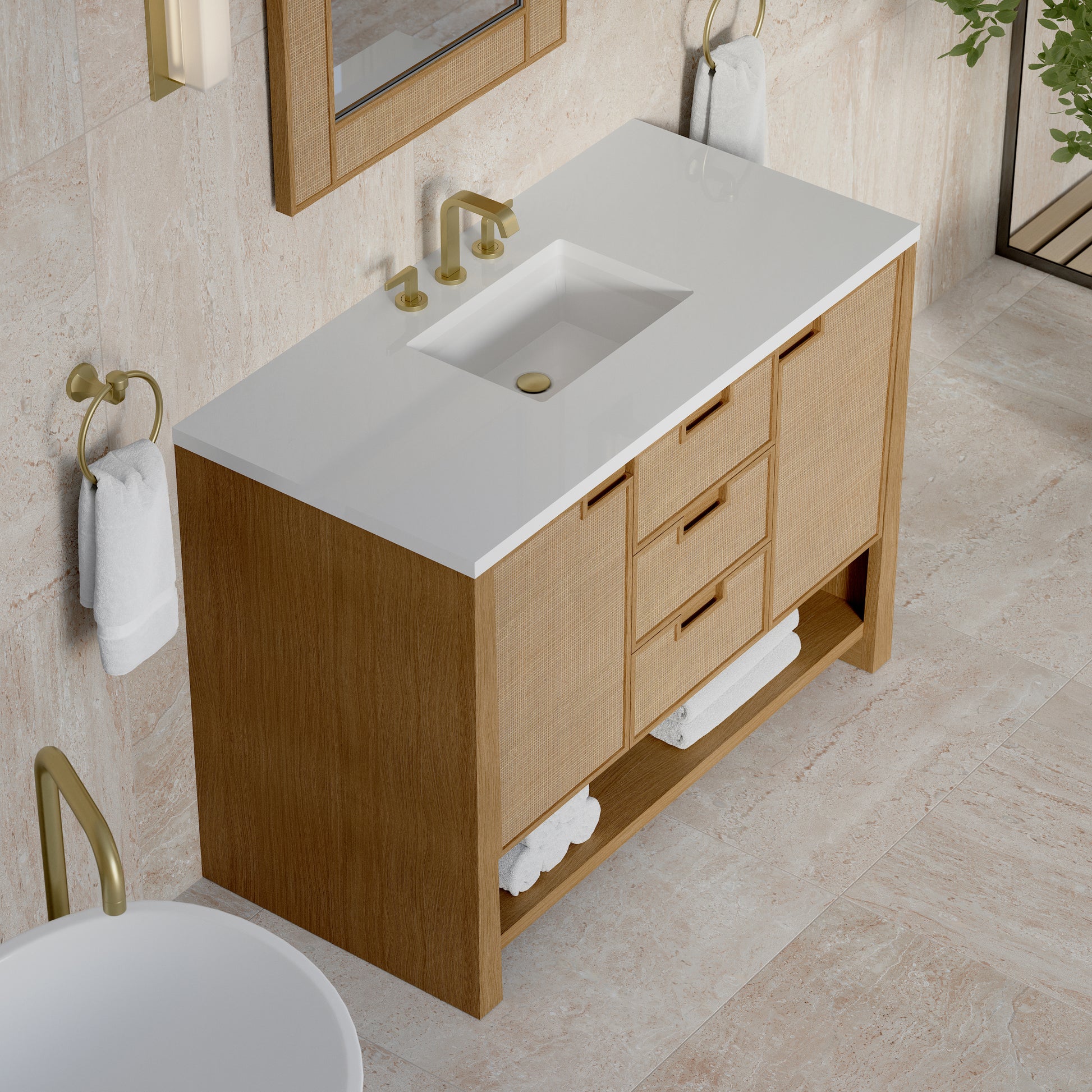 Renovate for Less Atlanta Solene 48" Single Vanity, Seaside Oak, w/ 3 CM White Zeus Quartz Top