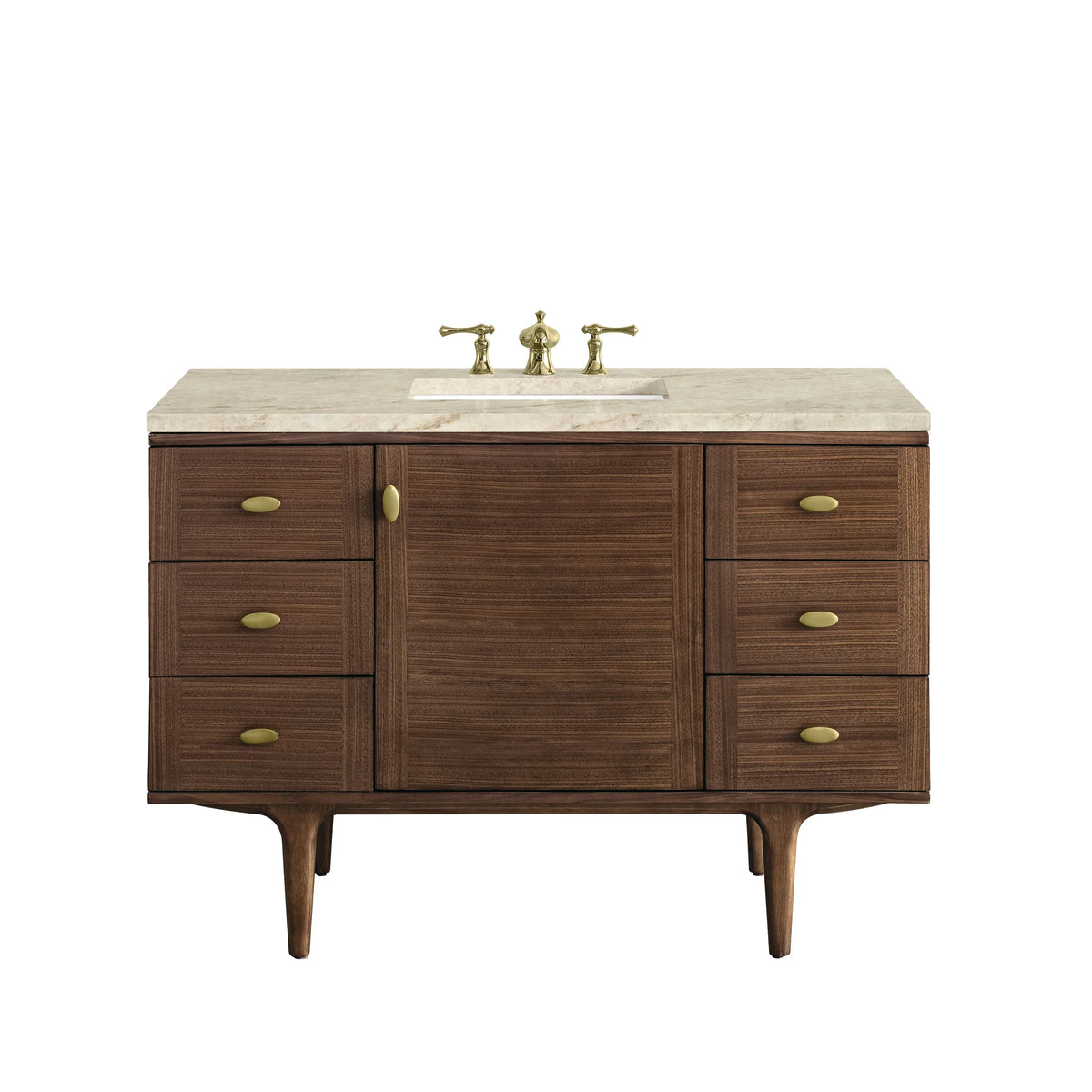 Amberly 48" Single Vanity, Mid-Century Walnut, w/ 3 CM Tajnar Eclos Top w/FreePower Wireless Charger
