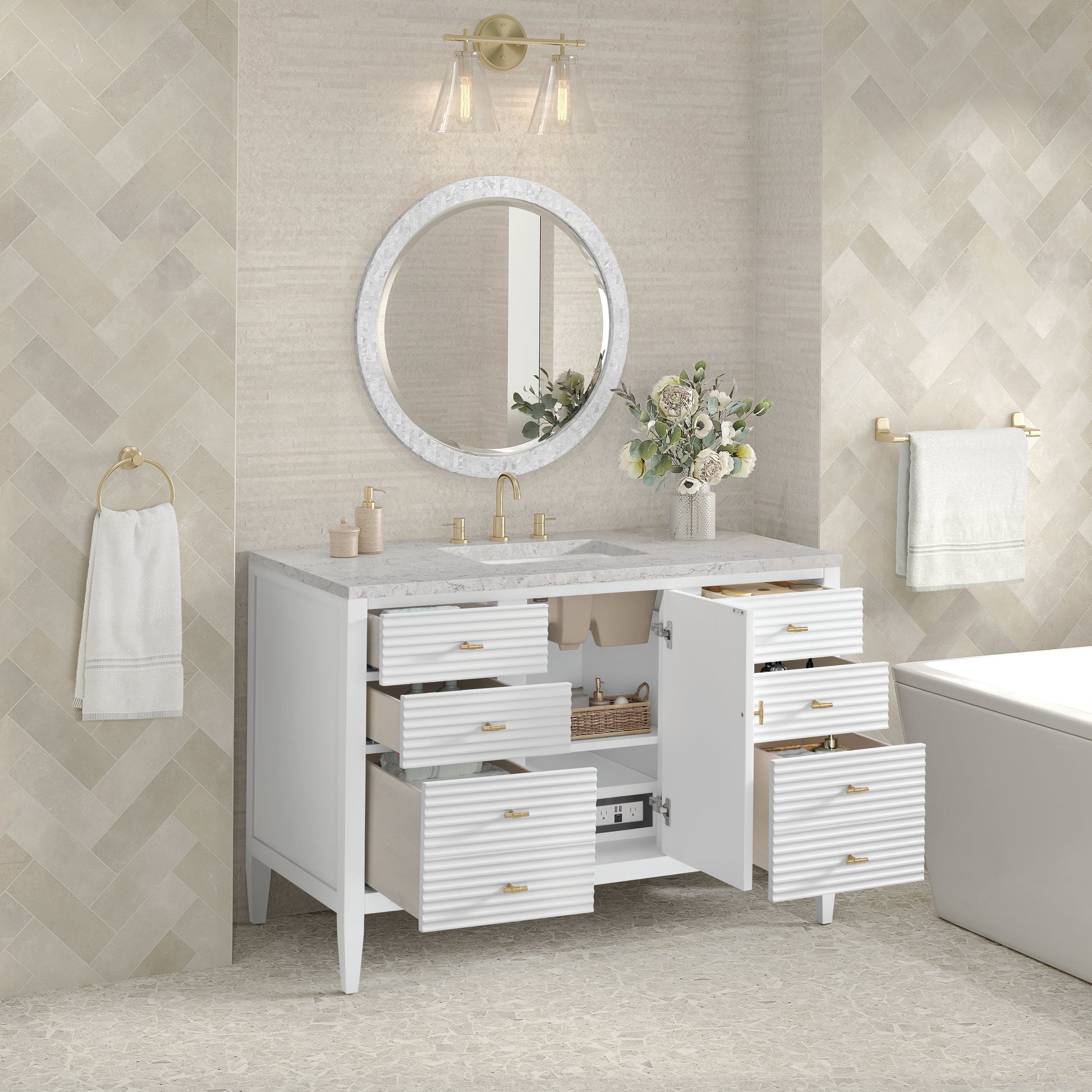 Renovate for Less Atlanta Myrrin 48" Single Vanity, Bright White w/ 3 CM Eternal Jasmine Pearl Silestone Top w/FreePower Wireless Charger