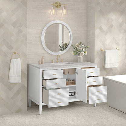 Renovate for Less Atlanta Myrrin 48" Single Vanity, Bright White w/ 3 CM Eternal Jasmine Pearl Silestone Top w/FreePower Wireless Charger