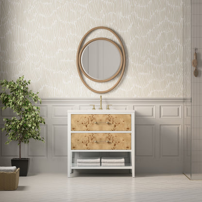 Renovate for Less Atlanta Olena 36" Single Vanity, Light Mappa Burl and Polished White w/ 3 CM White Zeus Silestone Top