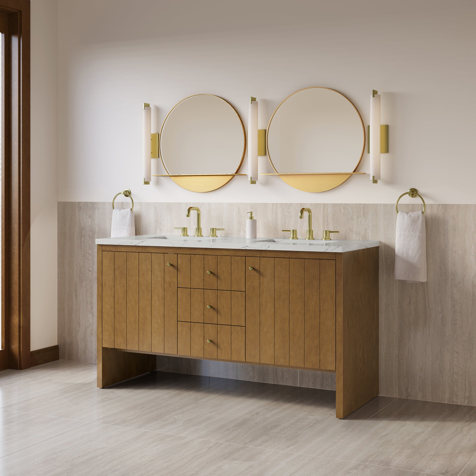 Renovate for Less Atlanta Hudson 60" Double Vanity, Honey Oak w/ 3 CM Ethereal Noctis Silestone Top w/FreePower Wireless Charger