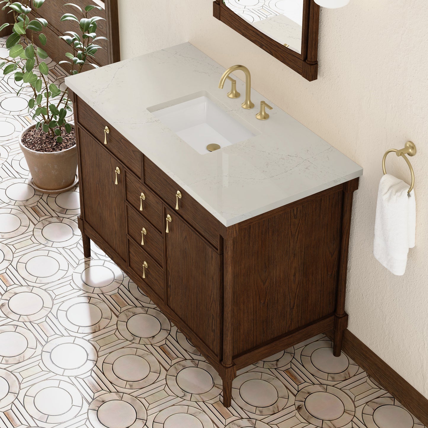Renovate for Less Atlanta Kinnsden 48" Single Vanity, Sable Oak w/ 3 CM Siberian Silestone Top