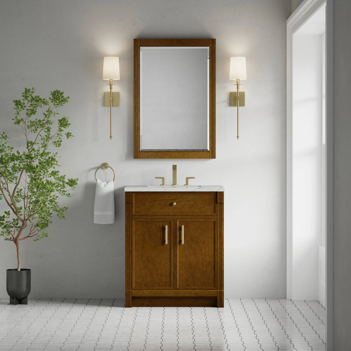 Bellshire 30" Single Vanity, Honey Oak w/ 3 CM Ethereal Noctis Silestone Top