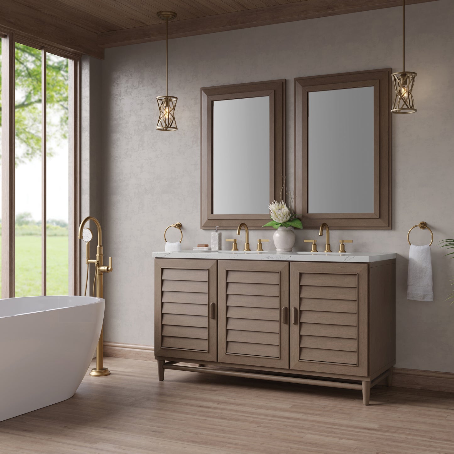 Renovate for Less Atlanta Portland 60" Double Vanity Whitewashed Walnut w/ 3 CM Ethereal Noctis Silestone Top