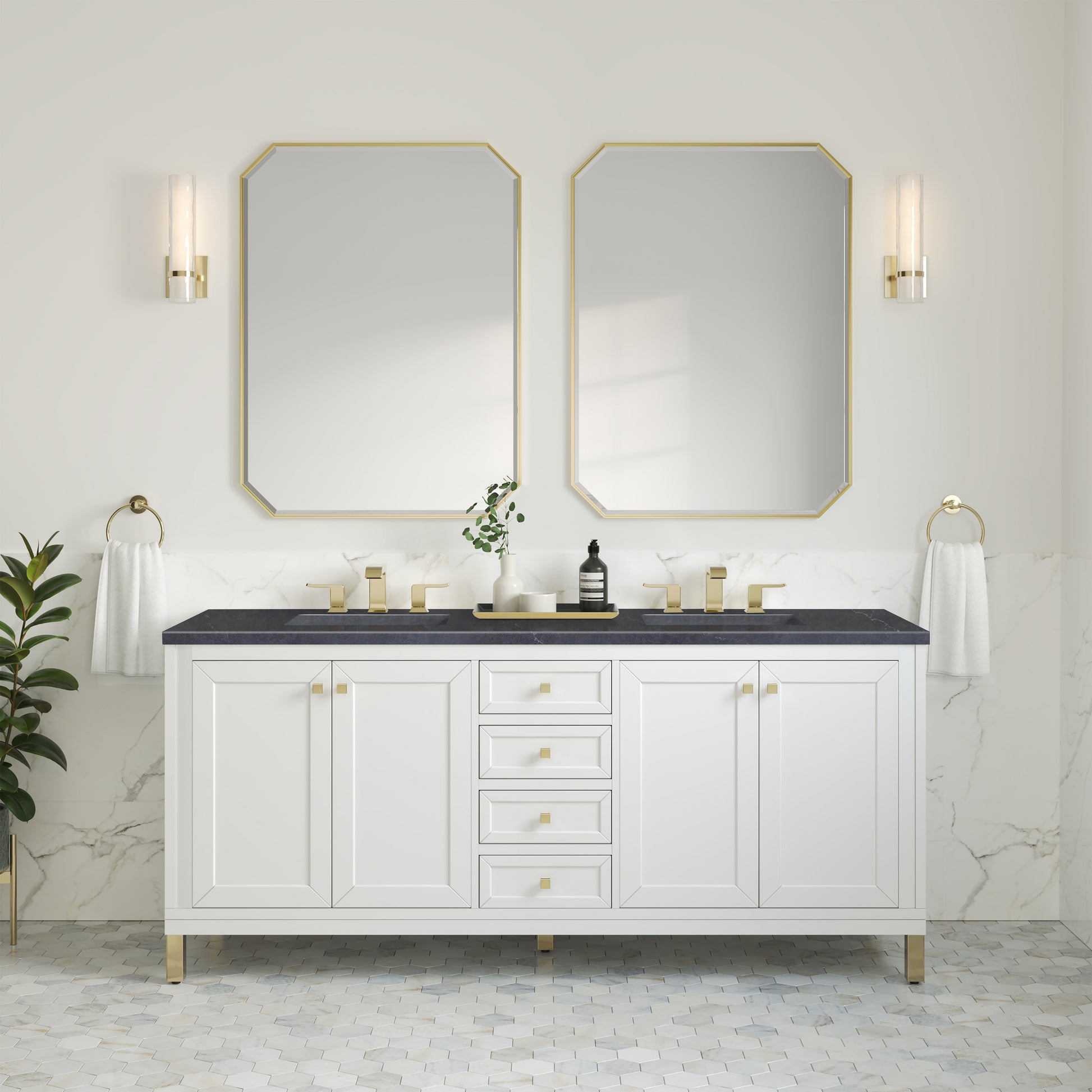 Renovate for Less Atlanta Chicago 72" Double Vanity, Glossy White, w/ 3 CM Charcoal Soapstone Silestone® Top