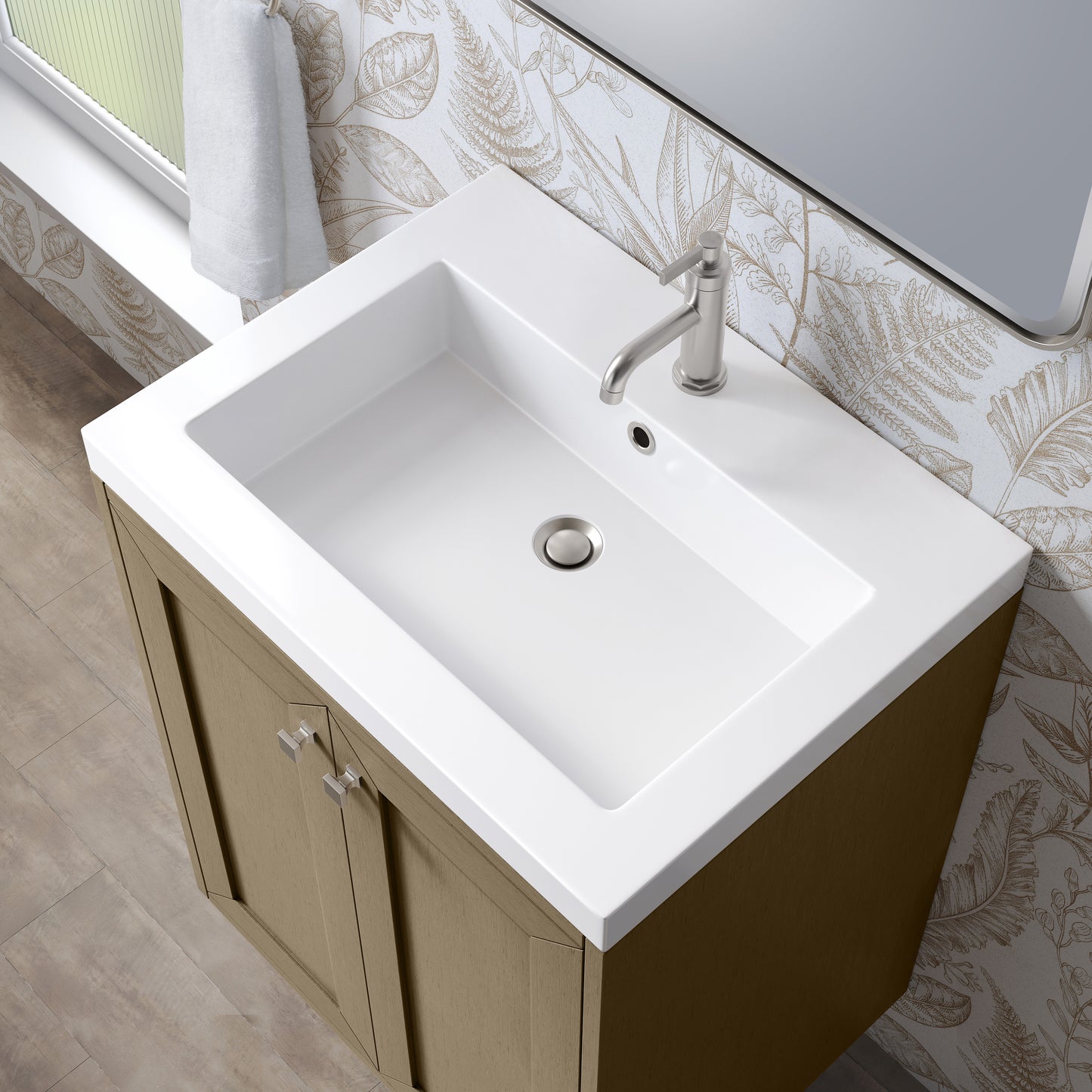 Renovate for Less Atlanta Chianti 24" Single Vanity, Walnut Whisper w/ White Glossy Composite Stone Top