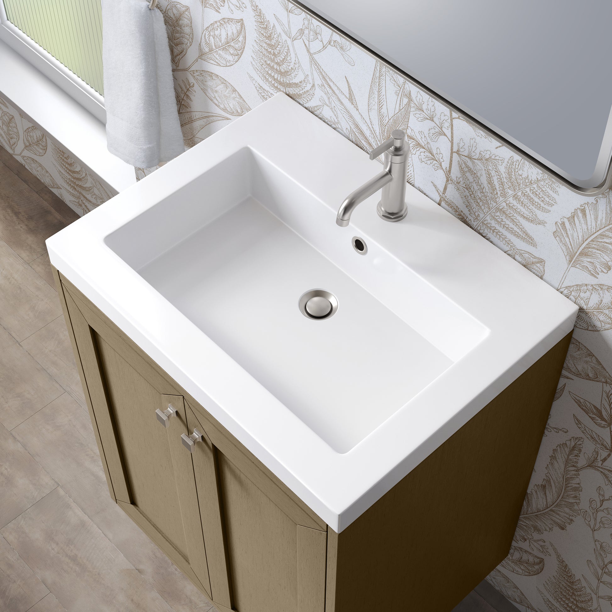 Renovate for Less Atlanta Chianti 24" Single Vanity, Walnut Whisper w/ White Glossy Composite Stone Top