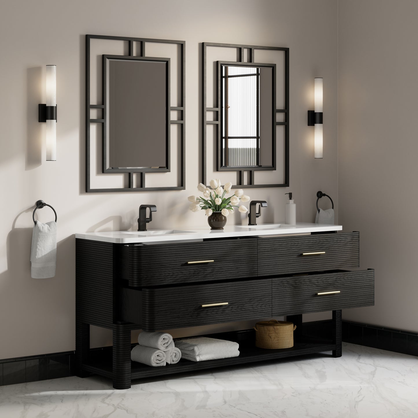 Renovate for Less Atlanta Lucian 72" Double Vanity, Carbon Oak w/ 3 CM White Zeus Silestone Top