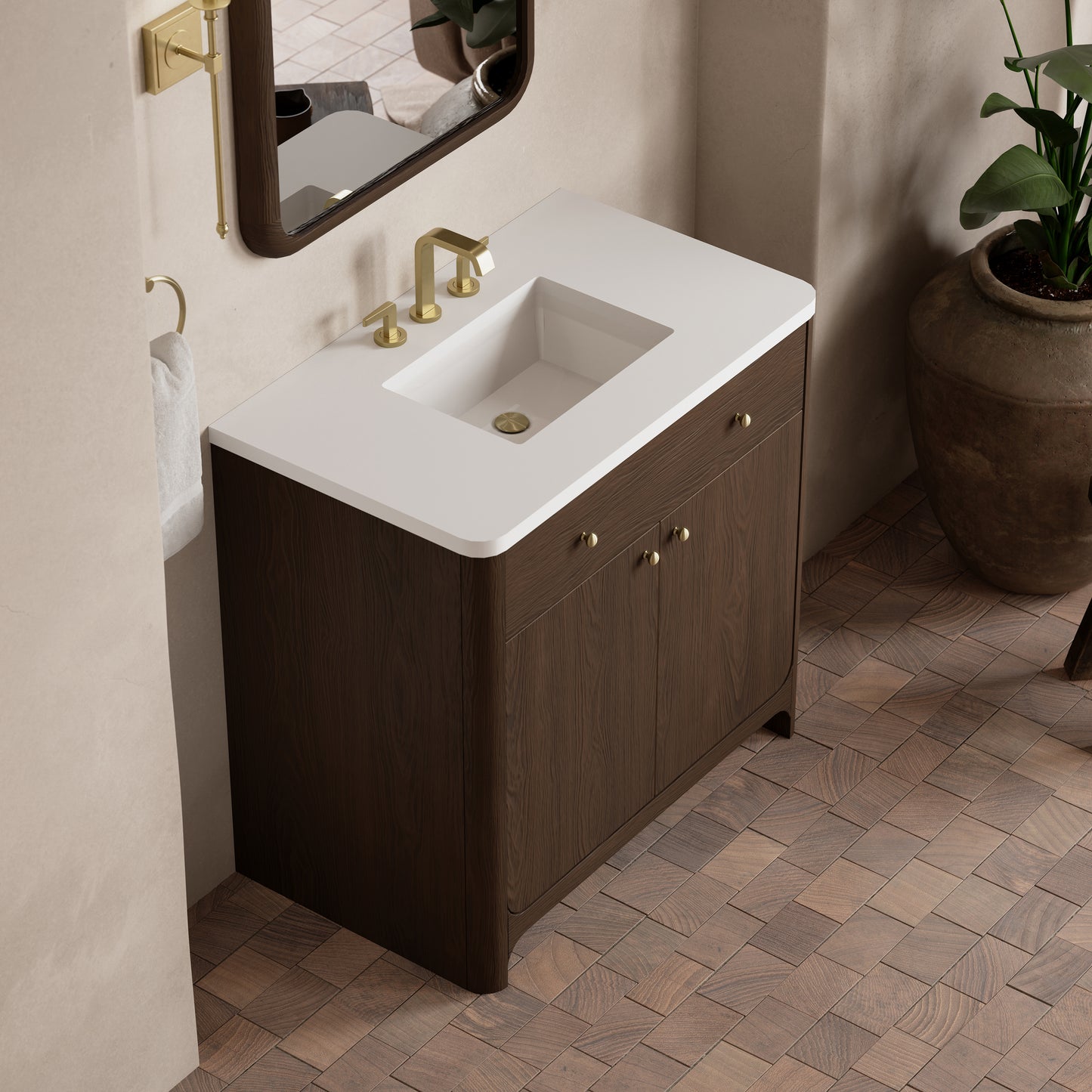 Renovate for Less Atlanta Gracyn 36" Single Vanity, Sable, w/ 3 CM White Zeus Quartz Widespread Top
