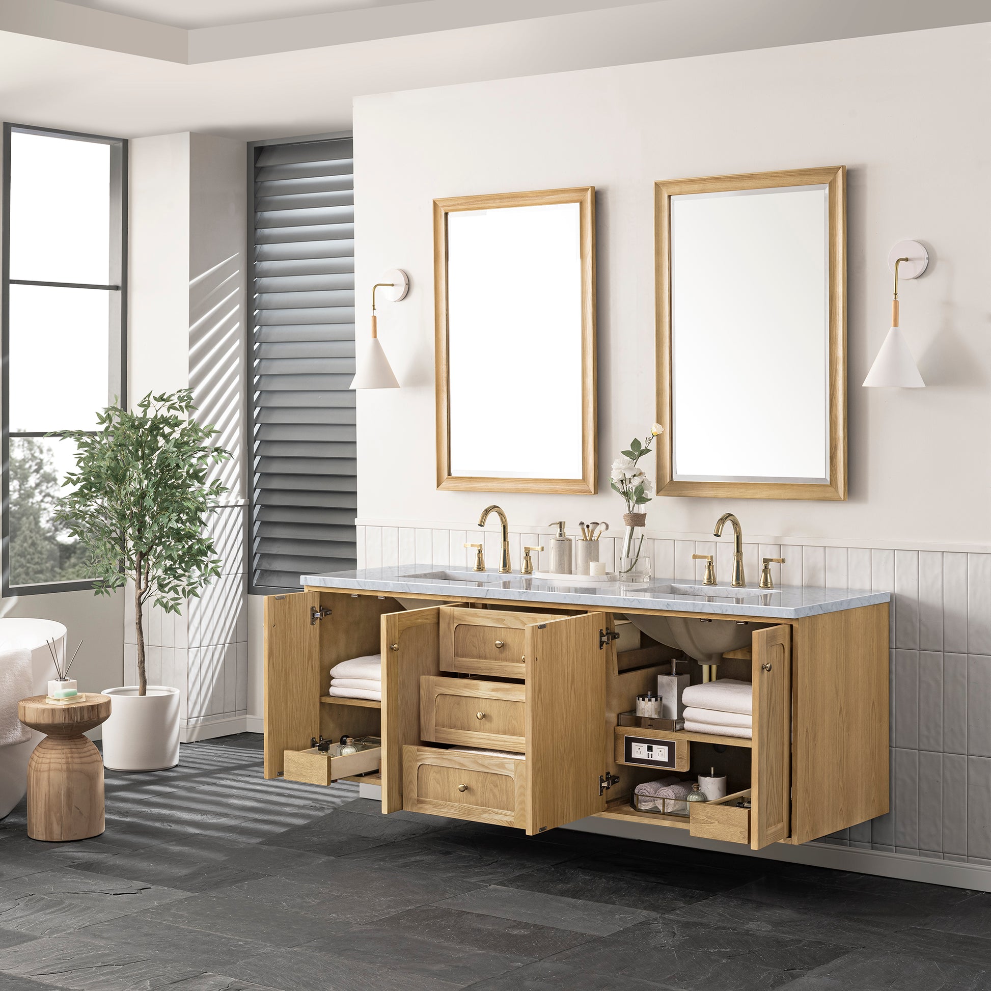 Renovate for Less Atlanta Laurent 72" Double Vanity, Light Natural Oak w/ 3 CM Carrara Marble Top