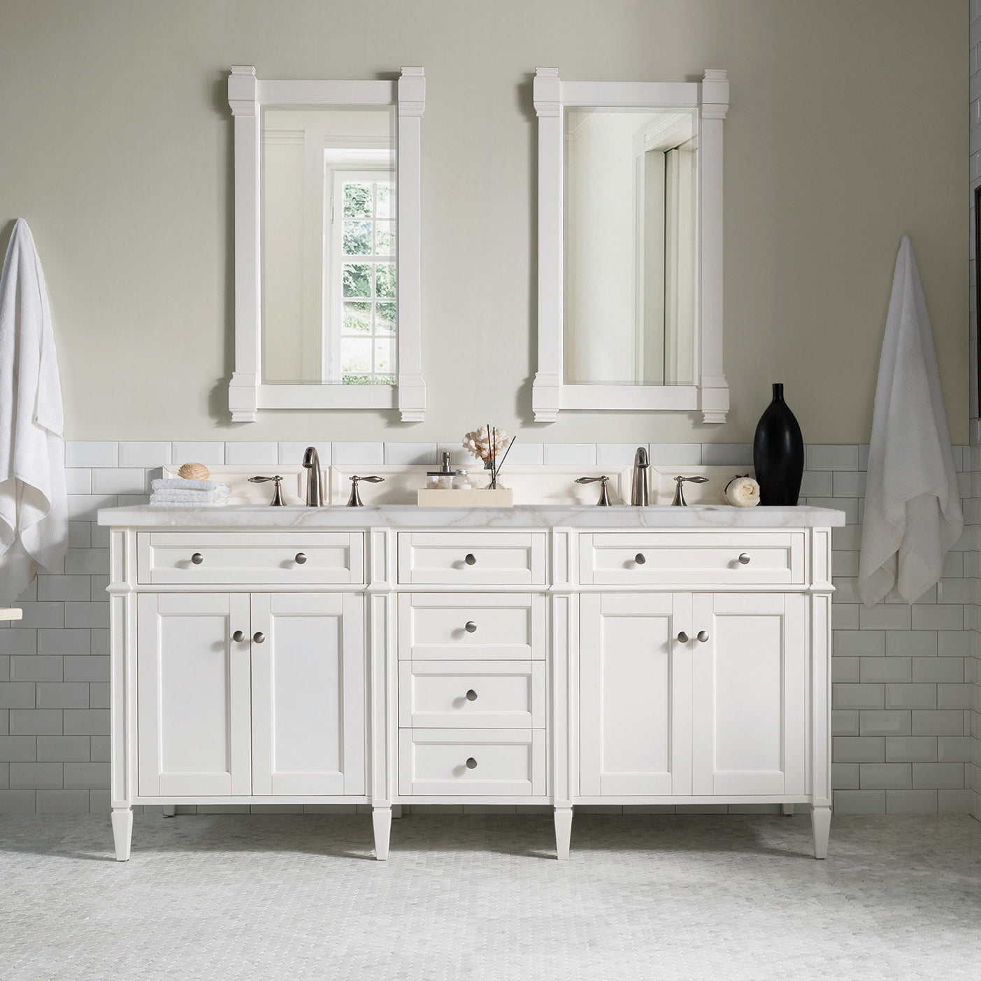 Renovate for Less Atlanta Brittany 72" Double Vanity, Bright White Vanity w/ 3 CM Victorian Silver Silestone Top w/FreePower Wireless Charger