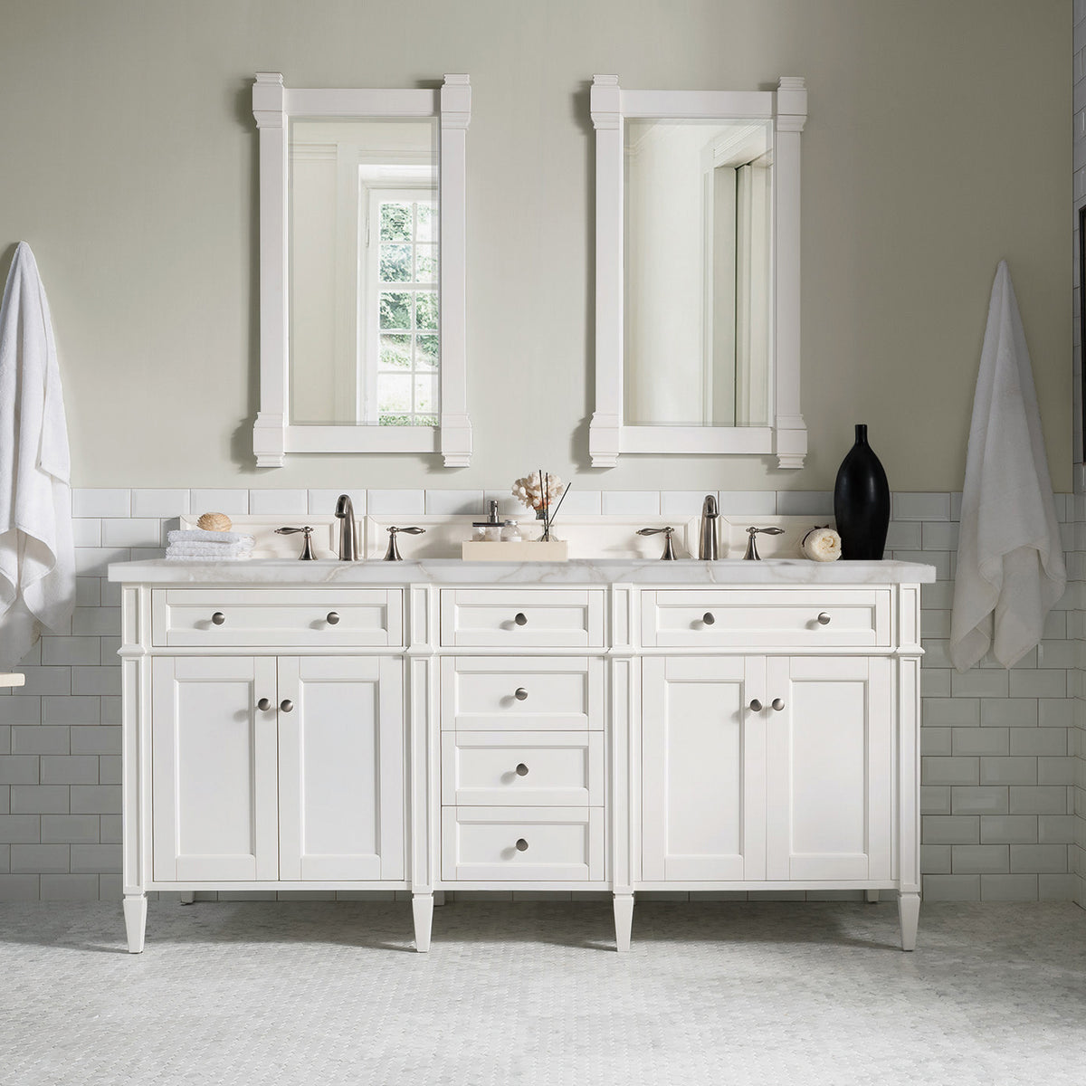 Renovate for Less Atlanta Brittany 72" Double Vanity, Bright White Vanity w/ 3 CM Victorian Silver Silestone Top w/FreePower Wireless Charger
