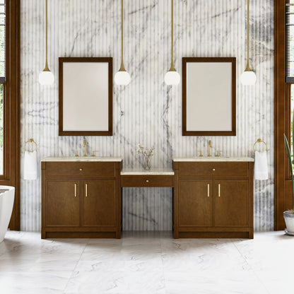 Bellshire 96" Dual Vanity Set with 24" Make-Up Counter, Honey Oak w/3 cm Tajnar Eclos Top