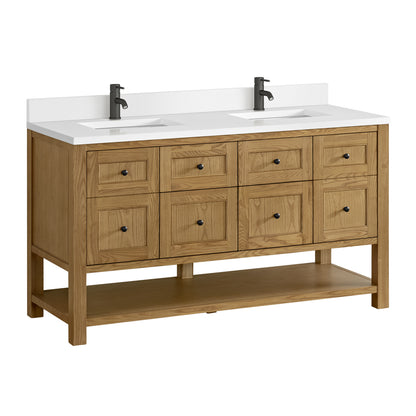 Renovate for Less Atlanta Breckenridge 60" Double Vanity, Light Natural Oak, w/ Single Hole 3 CM White Zeus Quartz Top & Backsplash
