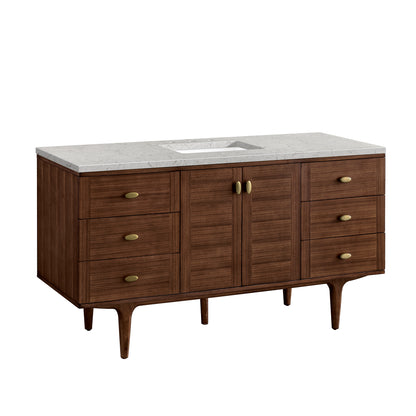 Renovate for Less Atlanta Amberly 60" Single Vanity, Mid-Century Walnut w/ 3 CM Eternal Jasmine Pearl Top w/FreePower Wireless Charger