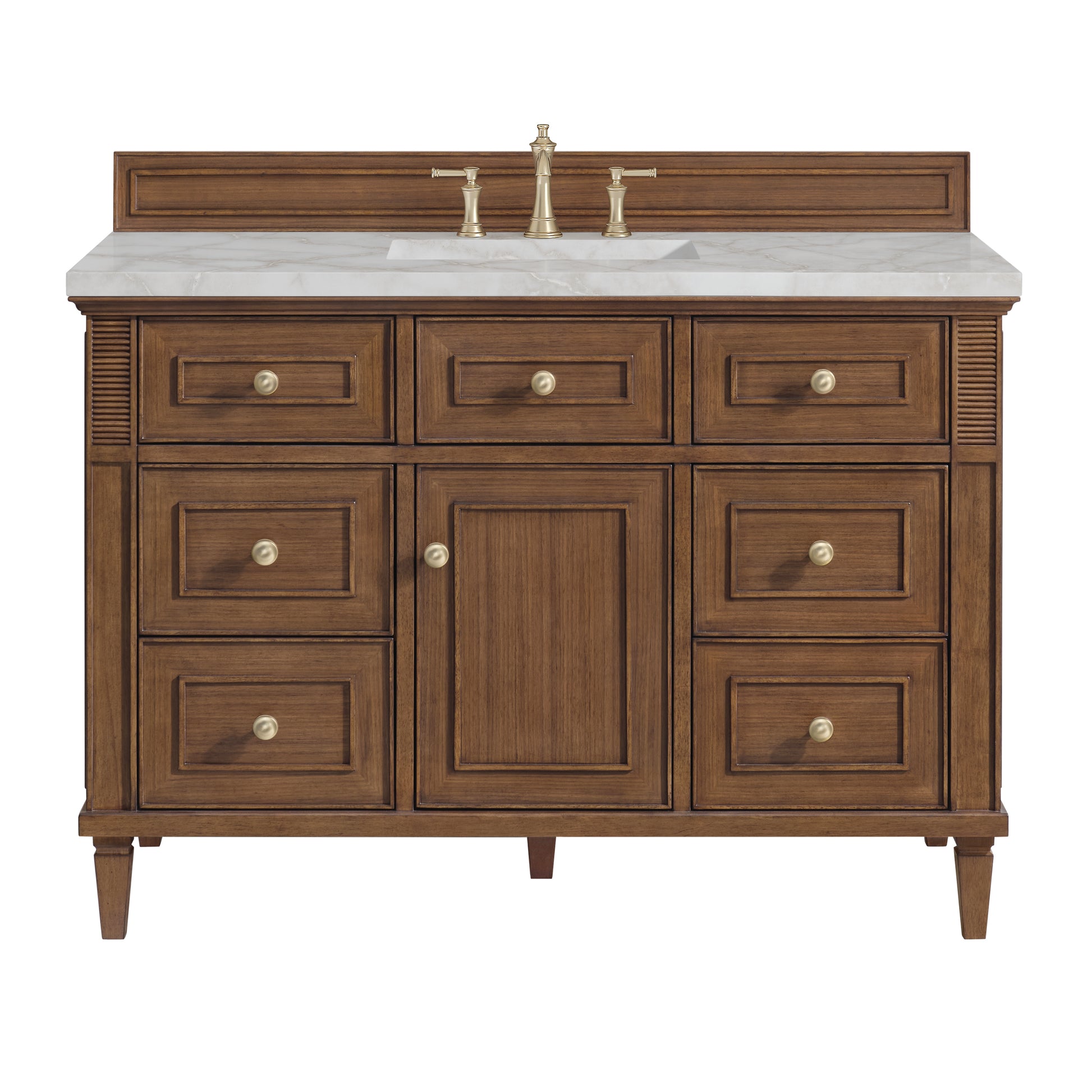 Renovate for Less Atlanta Lorelai 48" Single Vanity, Mid-Century Walnut w/ 3 CM Victorian Silver Silestone Top