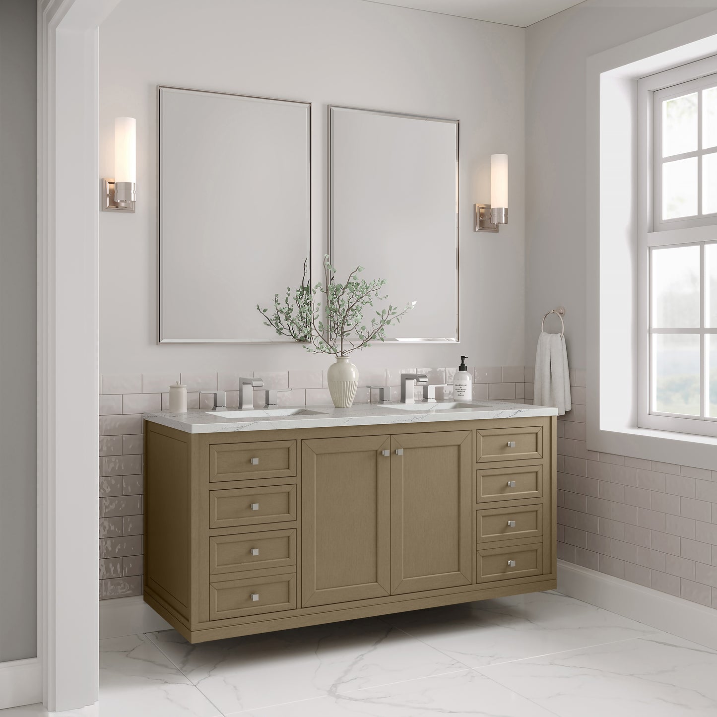 Renovate for Less Atlanta Chicago 60" Double Vanity, Walnut Whisper, w/ 3 CM Ethereal Noctis Silestone® Top w/FreePower Wireless Charger