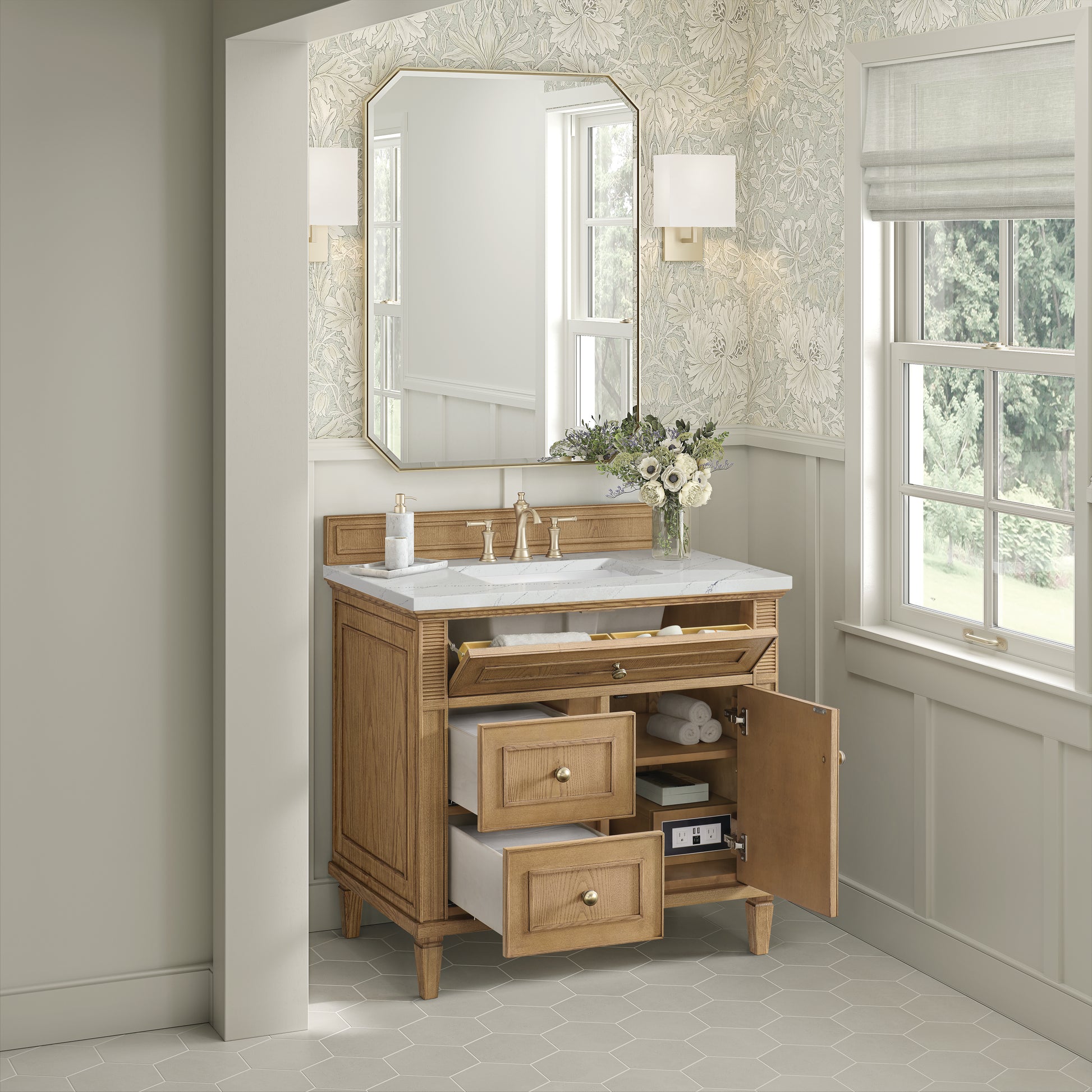 Renovate for Less Atlanta Lorelai 36" Single Vanity, Light Natural Oak w/ 3 CM Ethereal Noctis Silestone Top