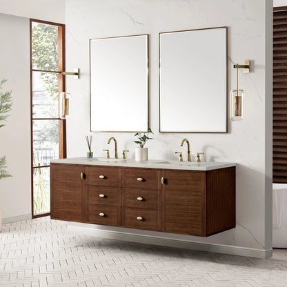 Amberly 72" Double Vanity, Mid-Century Walnut, w/ 3 CM Siberian Silestone Top