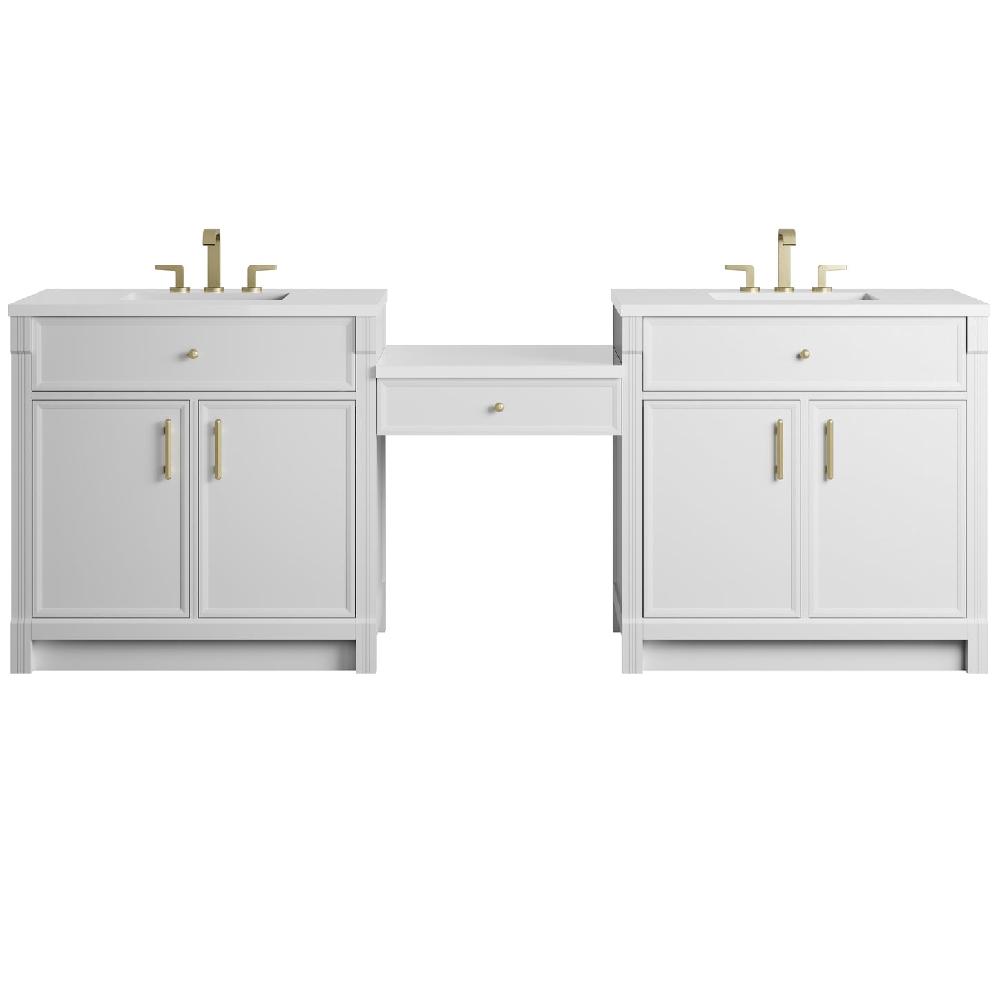 Renovate for Less Atlanta Bellshire 96" Dual Vanity Set with 24" Make-Up Counter, Bright White w/3 cm White Zeus Silestone Top
