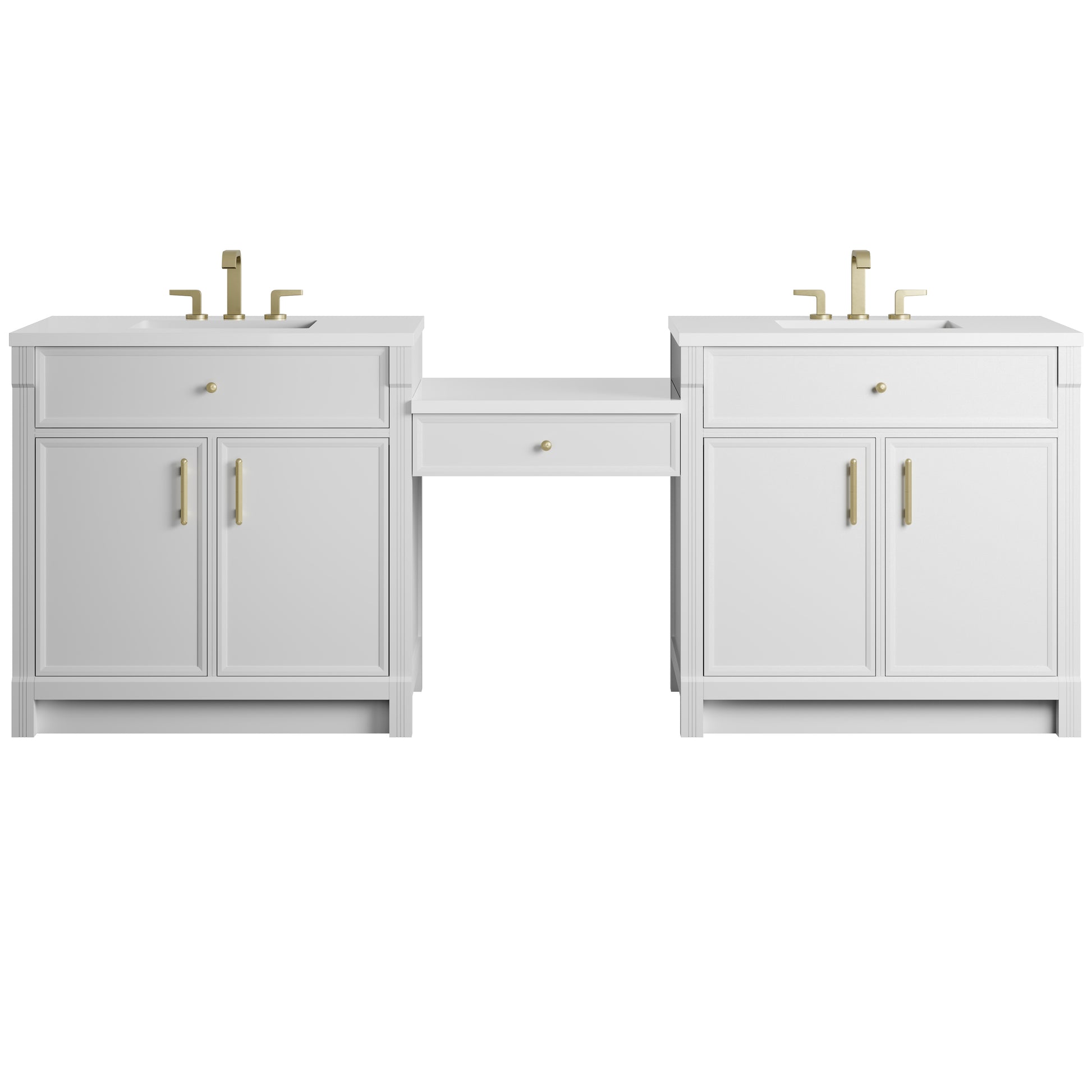 Renovate for Less Atlanta Bellshire 96" Dual Vanity Set with 24" Make-Up Counter, Bright White w/3 cm White Zeus Silestone Top