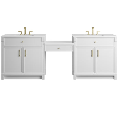 Renovate for Less Atlanta Bellshire 96" Dual Vanity Set with 24" Make-Up Counter, Bright White w/3 cm White Zeus Silestone Top