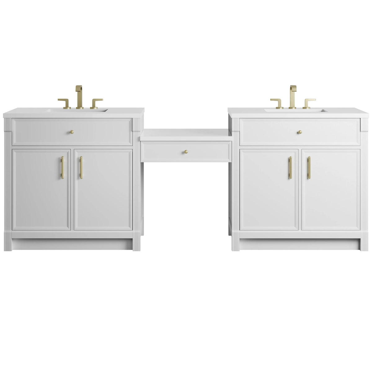 Bellshire 96" Dual Vanity Set with 24" Make-Up Counter, Bright White w/3 cm White Zeus Silestone Top