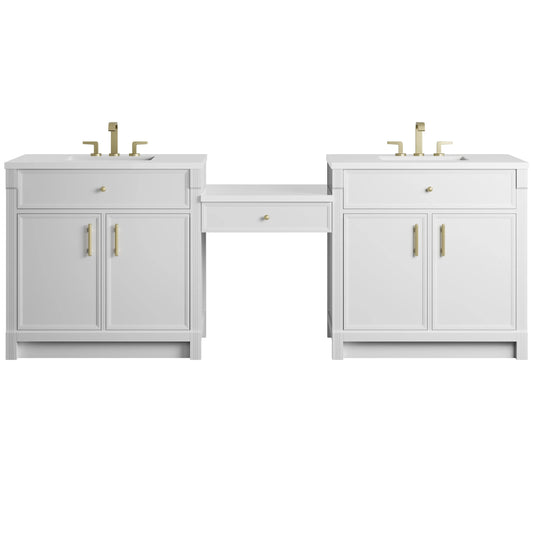 Bellshire 96" Dual Vanity Set with 24" Make-Up Counter, Bright White w/3 cm White Zeus Silestone Top