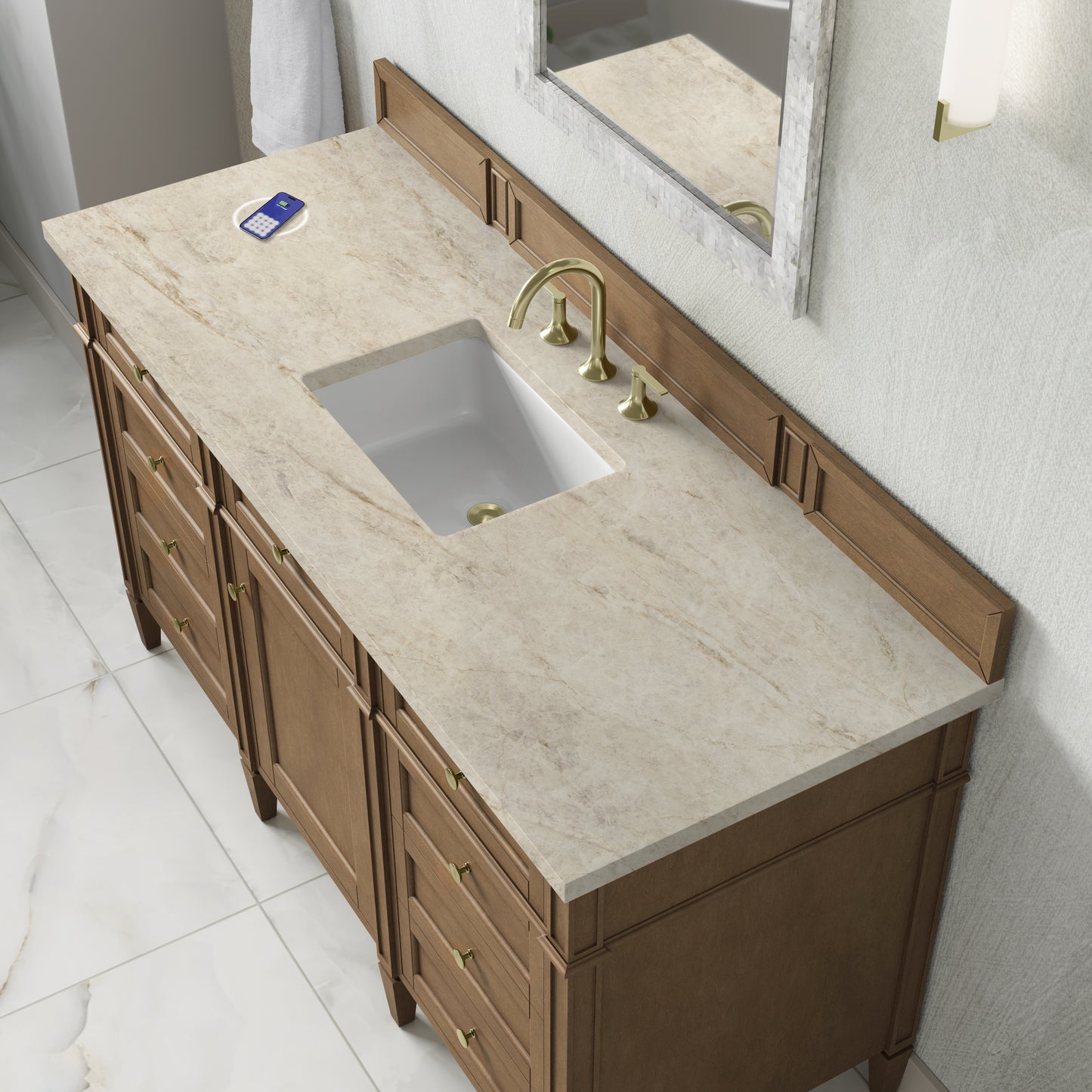 Renovate for Less Atlanta Brittany 60" Single Vanity, Pecan w/ 3 CM Tajnar Eclos Top w/FreePower Wireless Charger