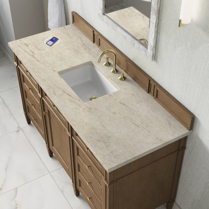 Renovate for Less Atlanta Brittany 60" Single Vanity, Pecan w/ 3 CM Tajnar Eclos Top w/FreePower Wireless Charger