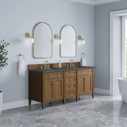 Renovate for Less Atlanta Brittany 72" Double Vanity, Pecan w/ 3 CM Parisien Bleu Silestone Top w/FreePower Wireless Charger