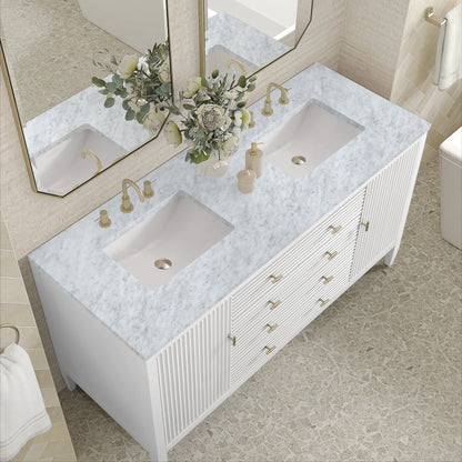 Renovate for Less Atlanta Myrrin 60" Double Vanity, Bright White w/ 3 CM Carrara White Marble Top