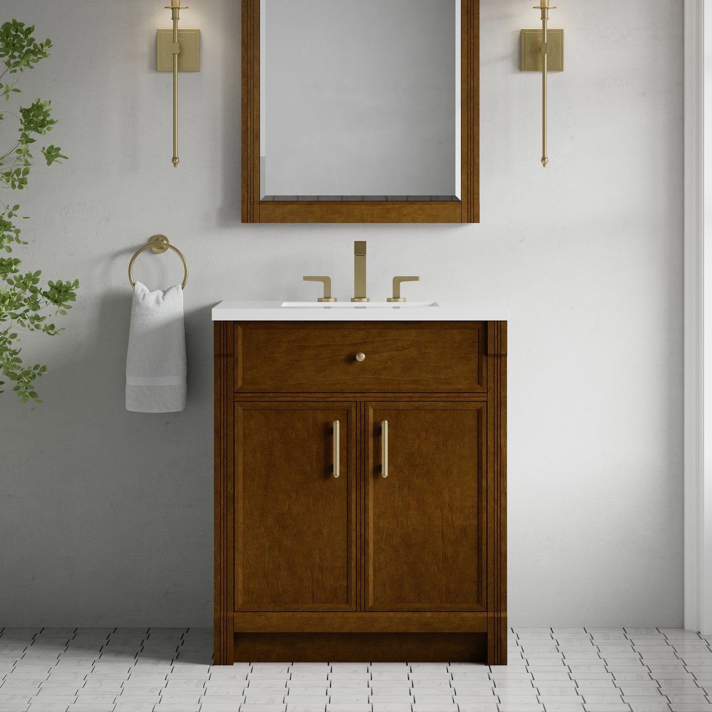 Renovate for Less Atlanta Bellshire 30" Single Vanity, Honey Oak w/ 3 CM White Zeus Silestone Top