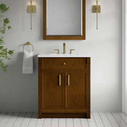 Renovate for Less Atlanta Bellshire 30" Single Vanity, Honey Oak w/ 3 CM White Zeus Silestone Top