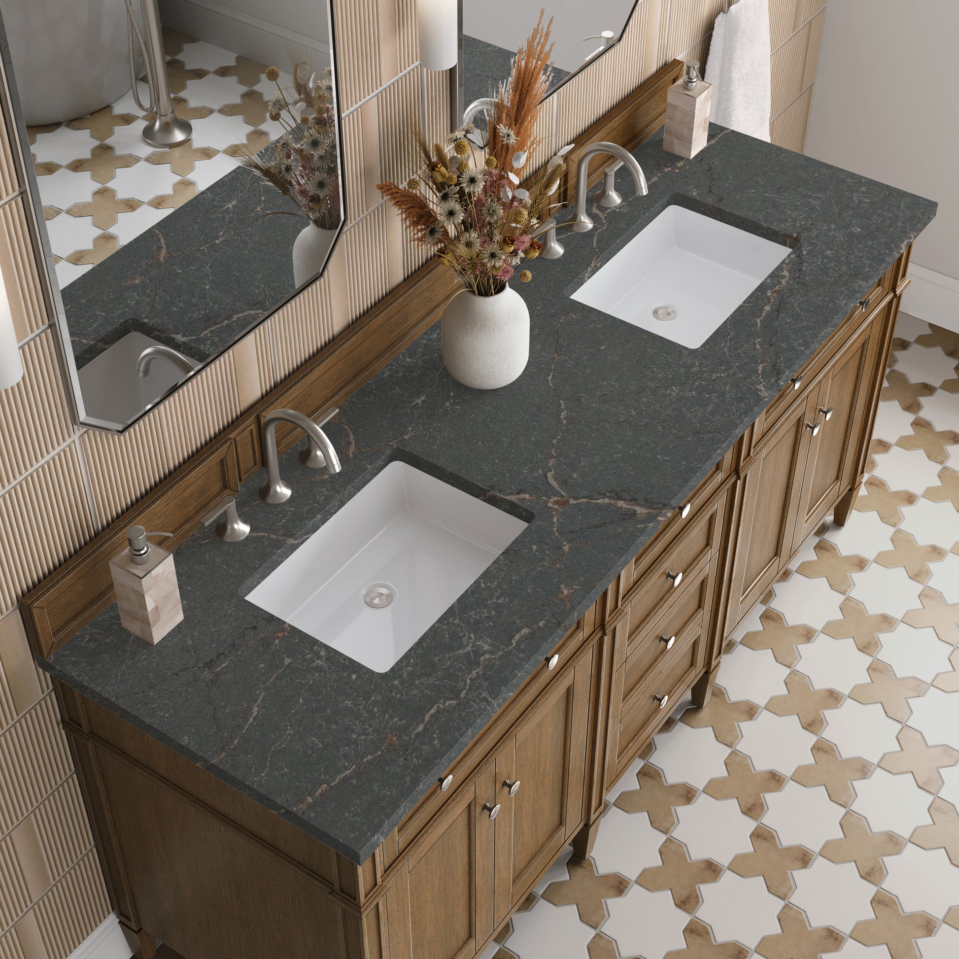 Renovate for Less Atlanta Brittany 72" Double Vanity, Saddle Brown w/ 3 CM Parisien Bleu Silestone Top