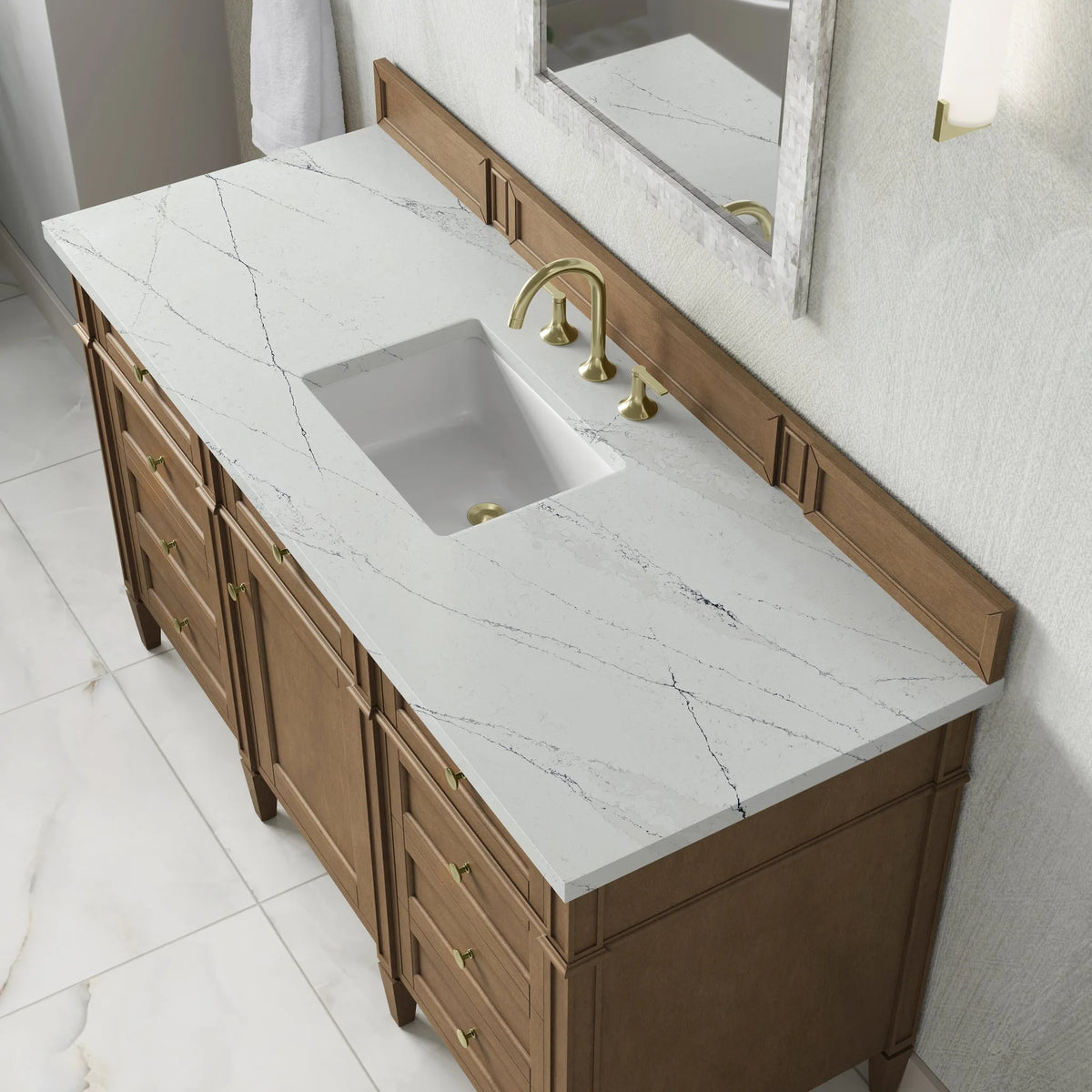 Brittany 60" Single Vanity, Pecan w/ 3 CM Ethereal Noctis Silestone Top