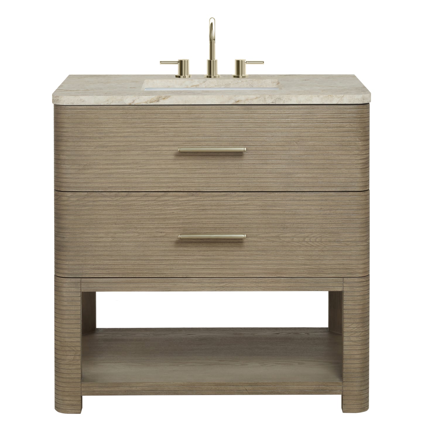 Renovate for Less Atlanta Lucian 36" Single Vanity, Pebble Oak, w/ 3 CM Tajnar Eclos Widespread Top