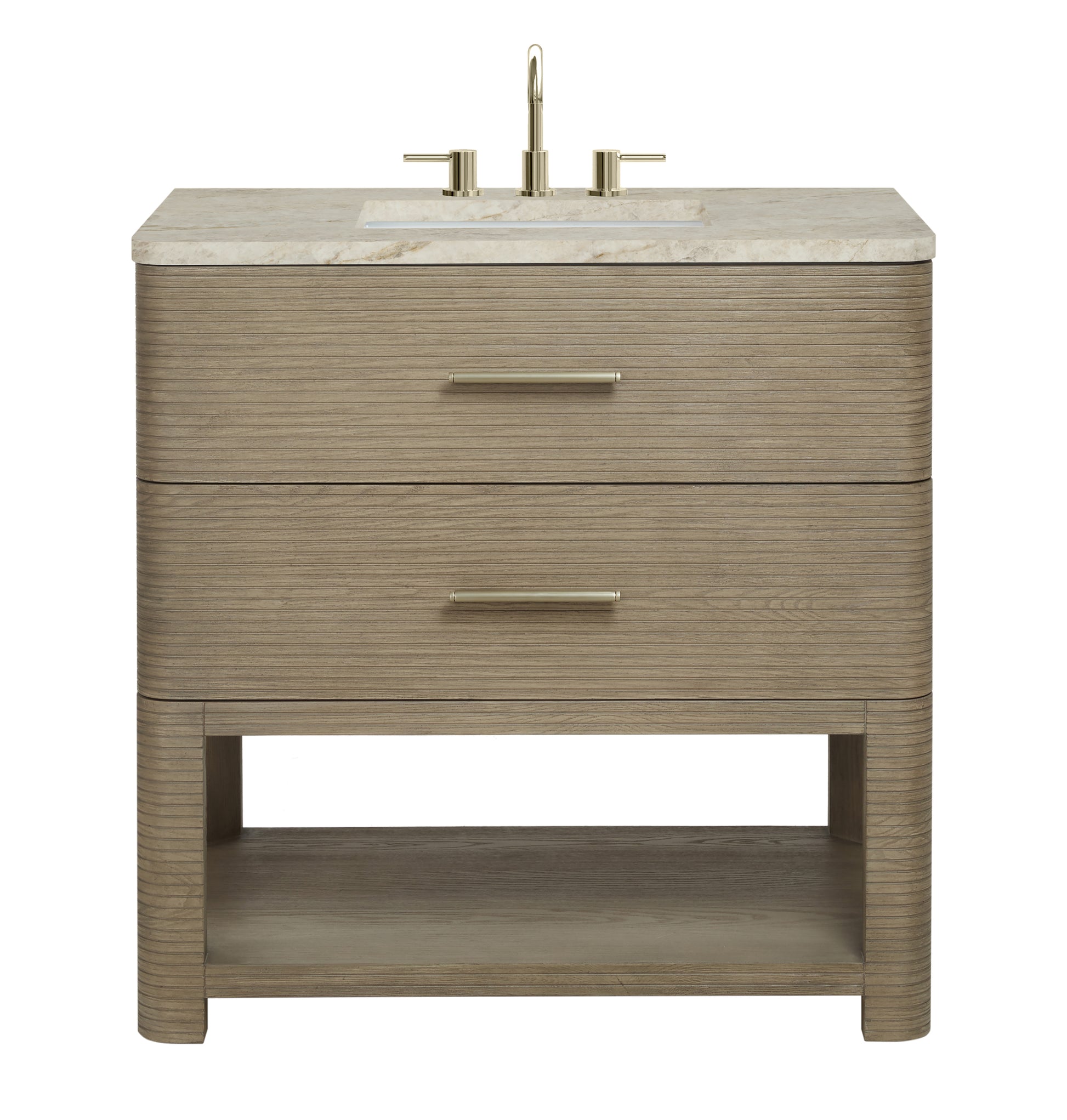 Renovate for Less Atlanta Lucian 36" Single Vanity, Pebble Oak, w/ 3 CM Tajnar Eclos Widespread Top