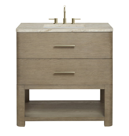 Renovate for Less Atlanta Lucian 36" Single Vanity, Pebble Oak, w/ 3 CM Tajnar Eclos Widespread Top