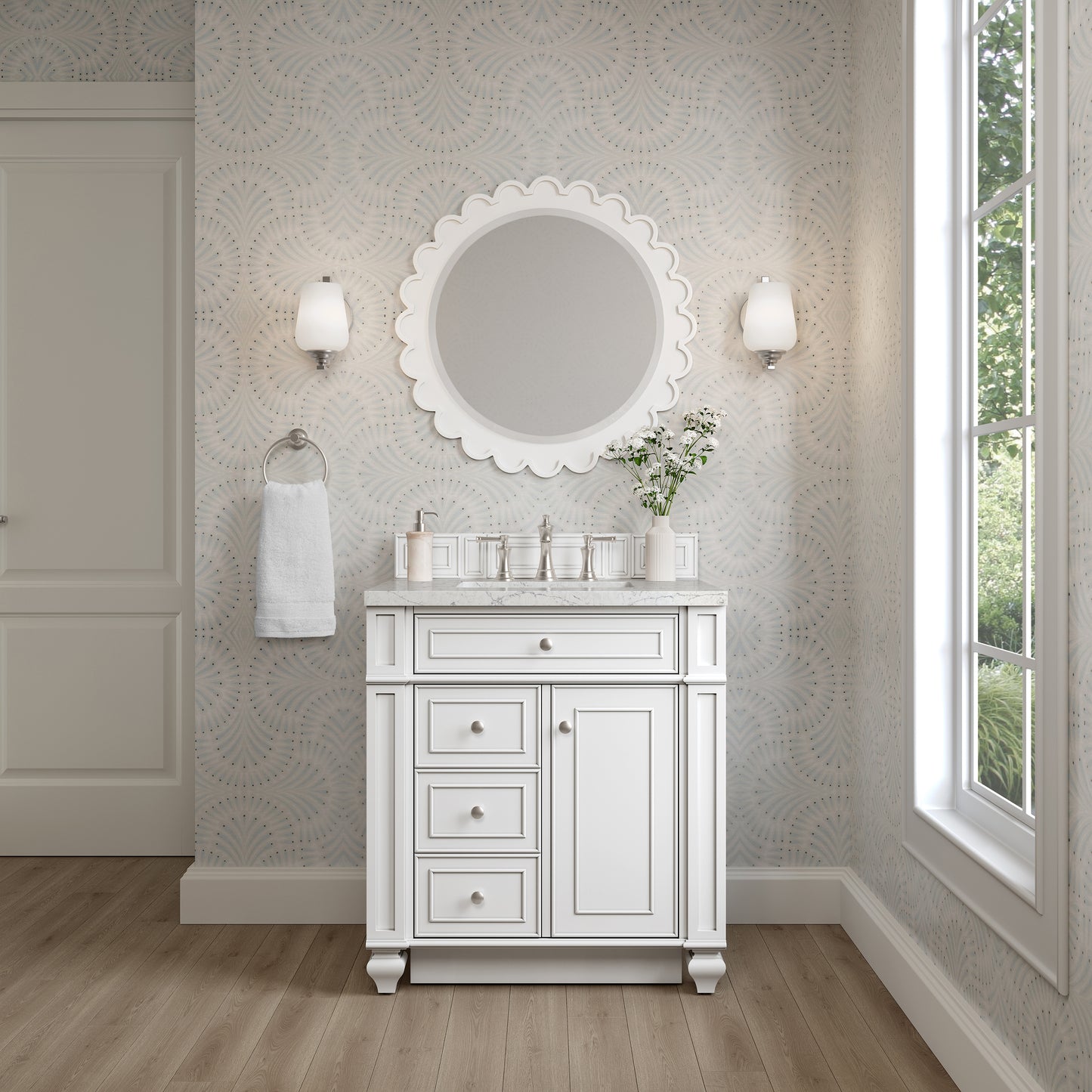 Renovate for Less Atlanta Bristol 30" Single Vanity, Bright White w/ 3 CM Eternal Jasmine Pearl Silestone Top
