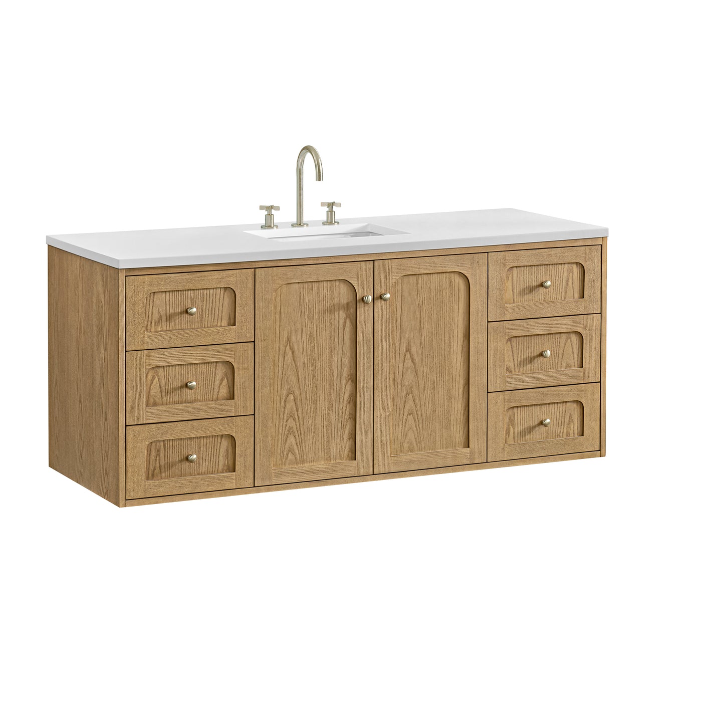 Renovate for Less Atlanta Laurent 60" Single Vanity, Light Natural Oak, w/ 3 CM White Zeus Quartz Top