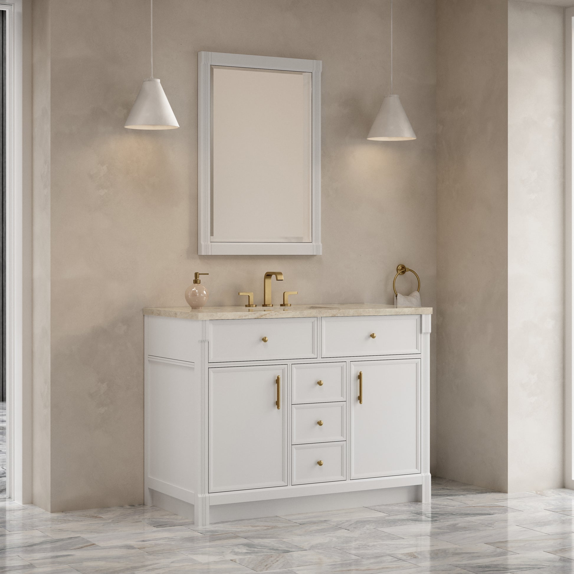 Renovate for Less Atlanta Bellshire 48" Single Vanity, Bright White w/ 3 CM Tajnar Eclos Top
