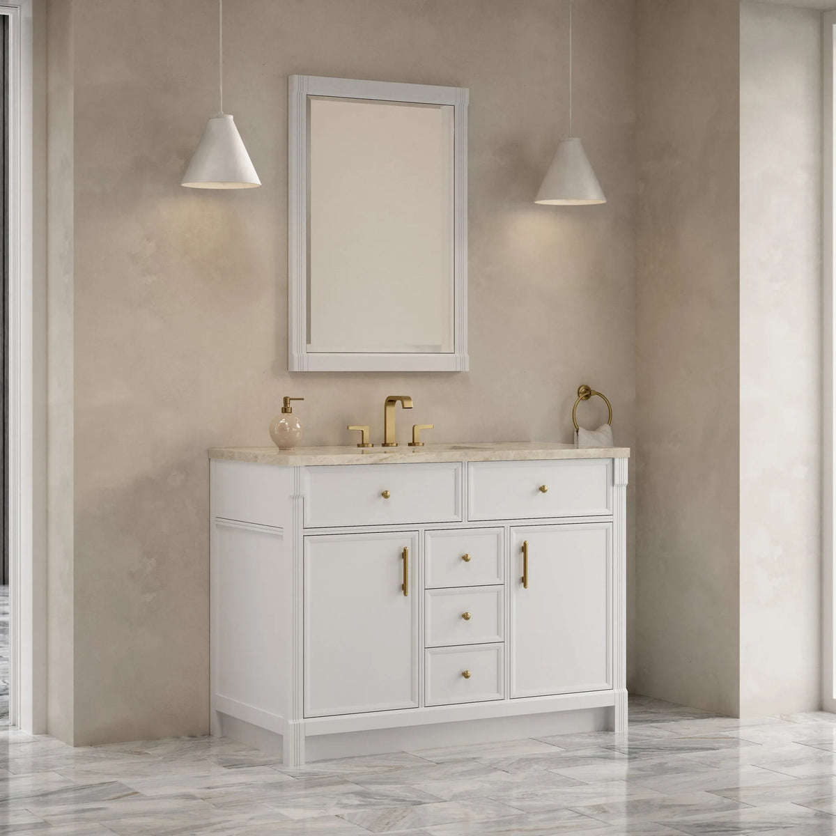 Bellshire 48" Single Vanity, Bright White w/ 3 CM Tajnar Eclos Top w/FreePower Wireless Charger