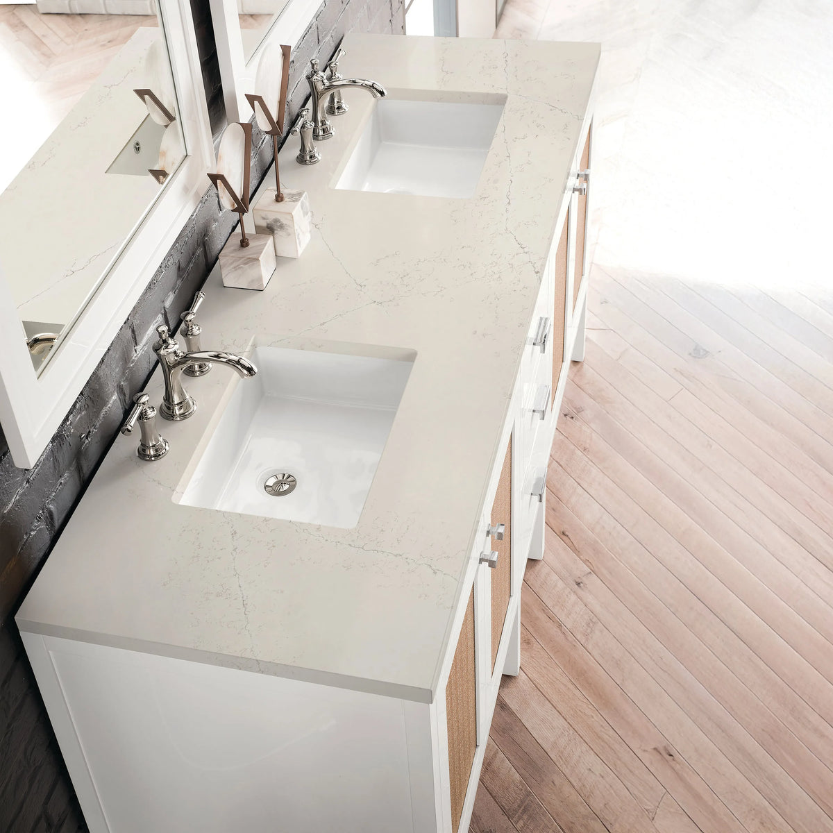 Addison 72" Double Vanity, Glossy White, w/ 3 CM Siberian Silestone Top
